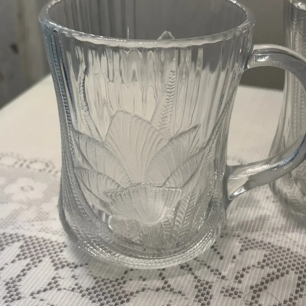Vintage Arcoroc Canterbury Crocus France Clear Glass Mugs Set of 2 Coffee/ tea